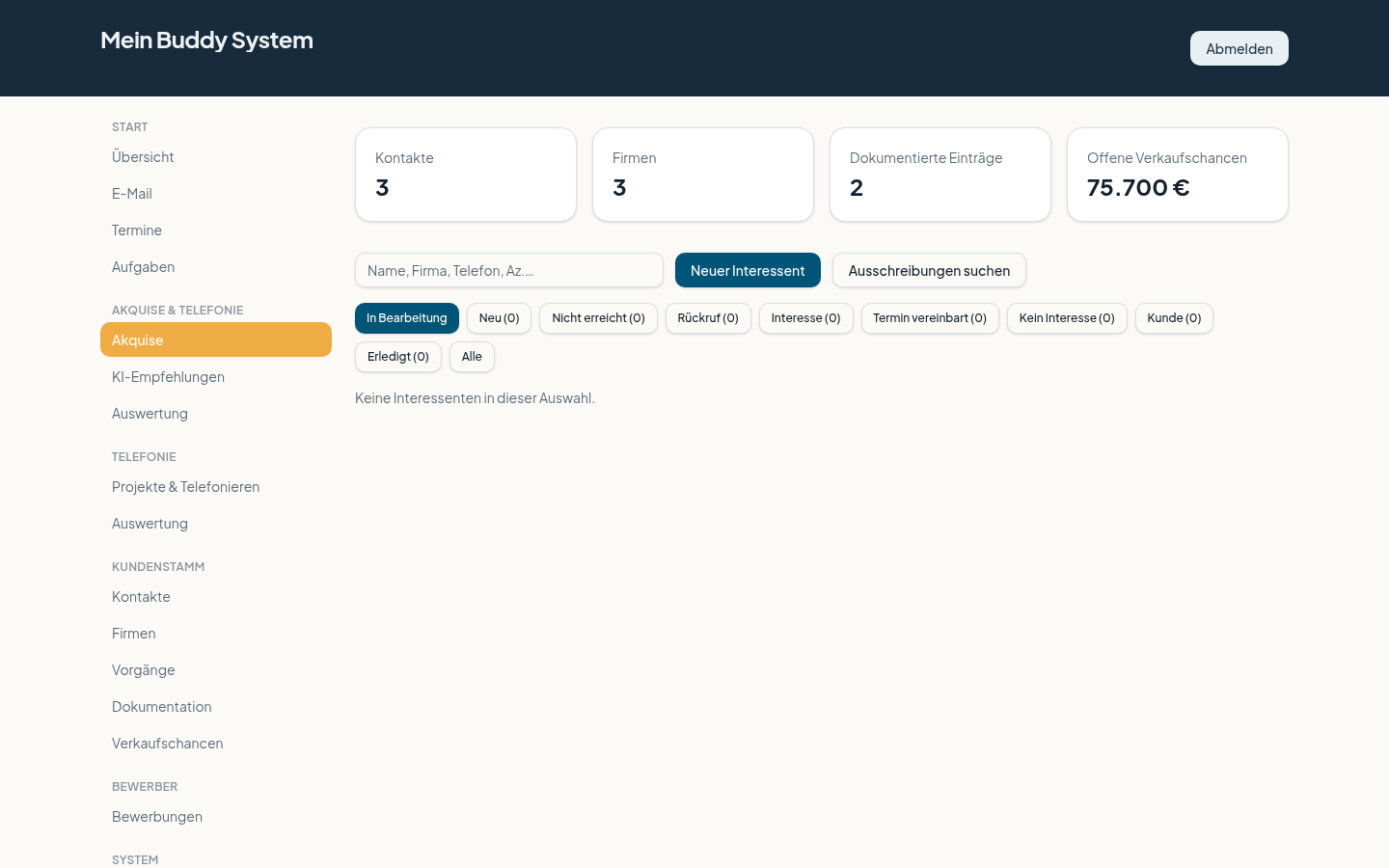 Screenshot Akquise